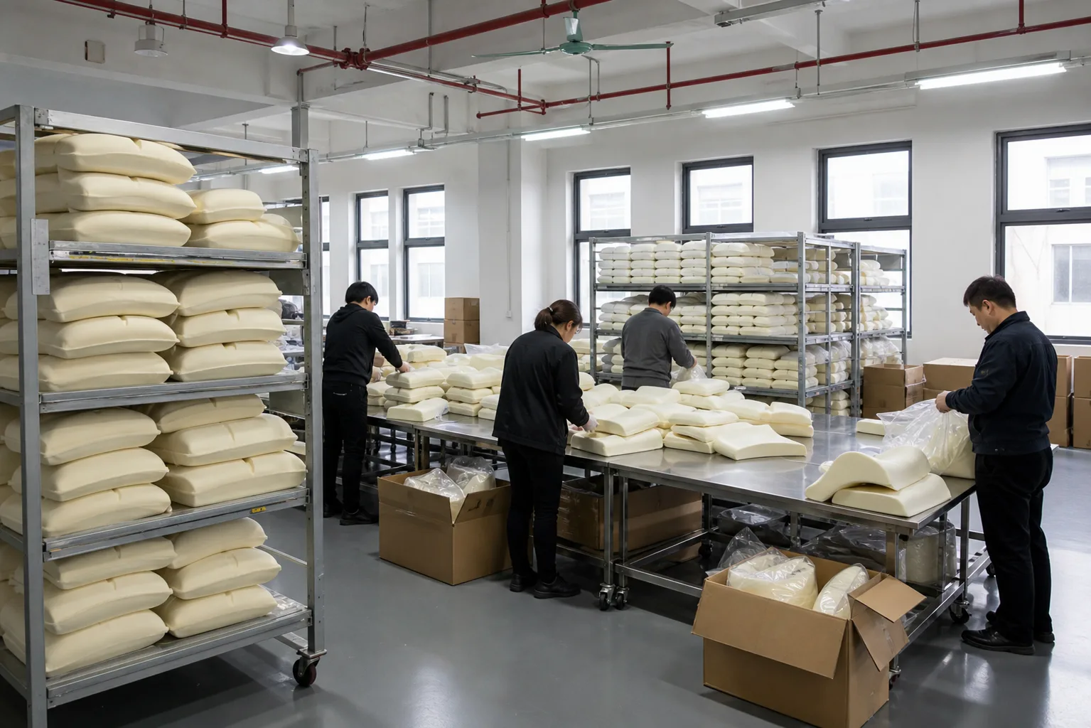 SensaRest memory foam pillow cores inspected and packed on stainless steel tables